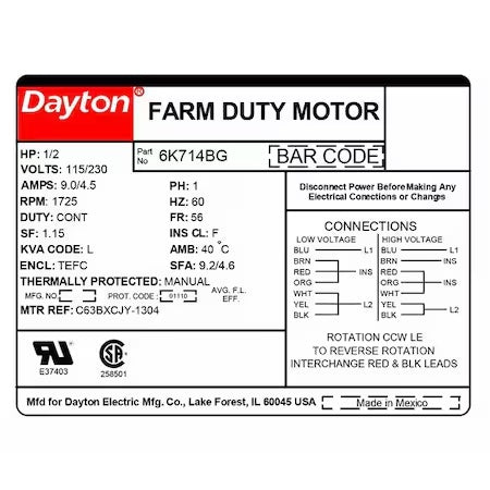 Dayton Farm Duty Motor 1/2 HP 1725 RPM